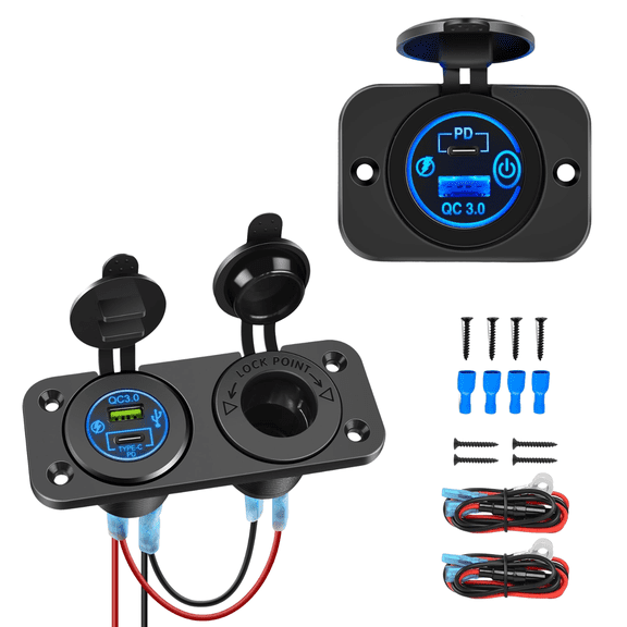 Nilight 12V Cigarette Lighter Socket with Dual USB Charger Socket Panel, PD QC3.0 Fast Charging Power Outlet Kit for Trucks, Pickups, SUVs and RVs