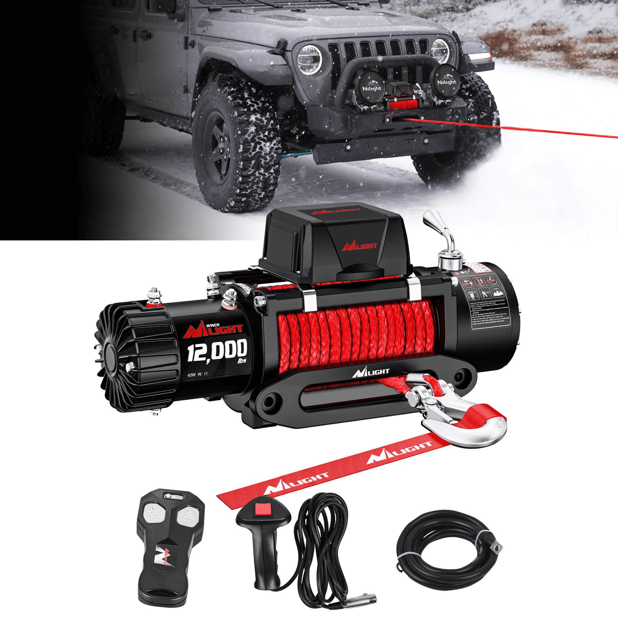 Nilight 12V Electric Winch for Jeep UTV Trailer Boat Offroad Towing ATV Winches 12000LBS IP68 Winch with Synthetic Rope Fairlead Wired Wireless Remote