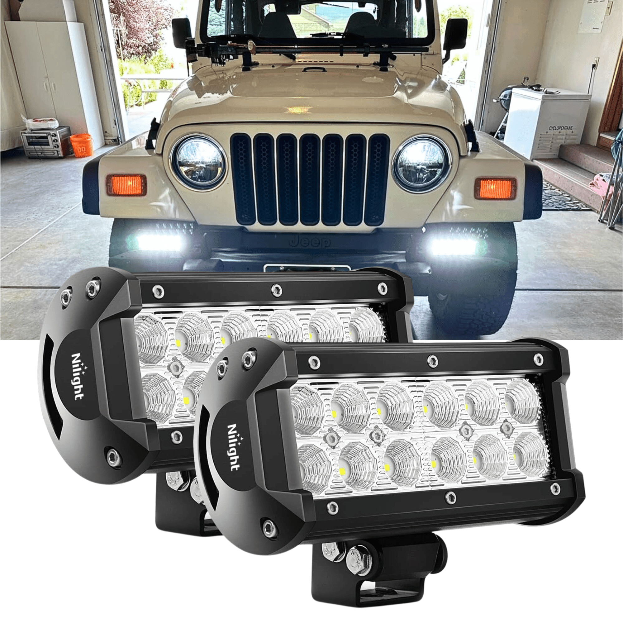 Nilight Flood Beam LED Light Bar 12V Off-Road Work Light for Truck SUV ATV UTV Boat 2 Pack