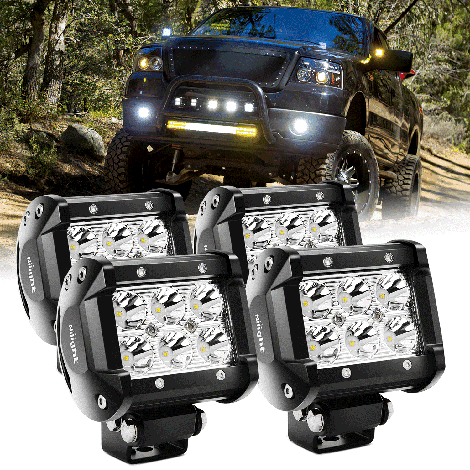Nilight 12V 4Pcs 4inch Led Light Bar 18W 1260lm Spot Led Pods Driving Fog Light off Road Lights Jeep Lamp