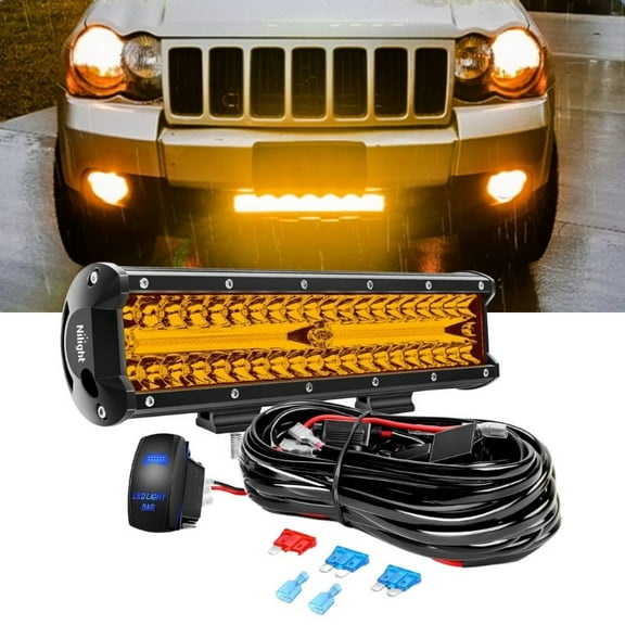 12 Inch LED Light Bar, 300W LED Offroad/Driving/Fog Lights with 5Pin Rocker Switch Wiring Harness Kit, Spot Flood Work Lights for Truck UTV ATV Golf Cart Boat, 1 Pcs (Amber)