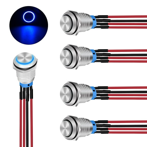 Nilight 12mm Push Button Switch 5PCS with Pre Wired Harness 12V 24V Stainless Steel Self Locking Latching LED Round Switches SPDT 4Pin Waterproof Metal Switch for Boats Cars Truck, 2 Years Warranty