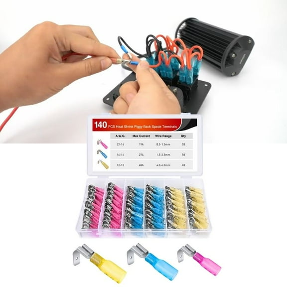 Nilight 140Pcs Heat Shrink Piggy Back Spade Terminals Connectors Assortment Kit 22-16/16-14/12-10 AWG Spade Quick Splice Crimp for Auto Cars Trucks Boats and 12V Accessories