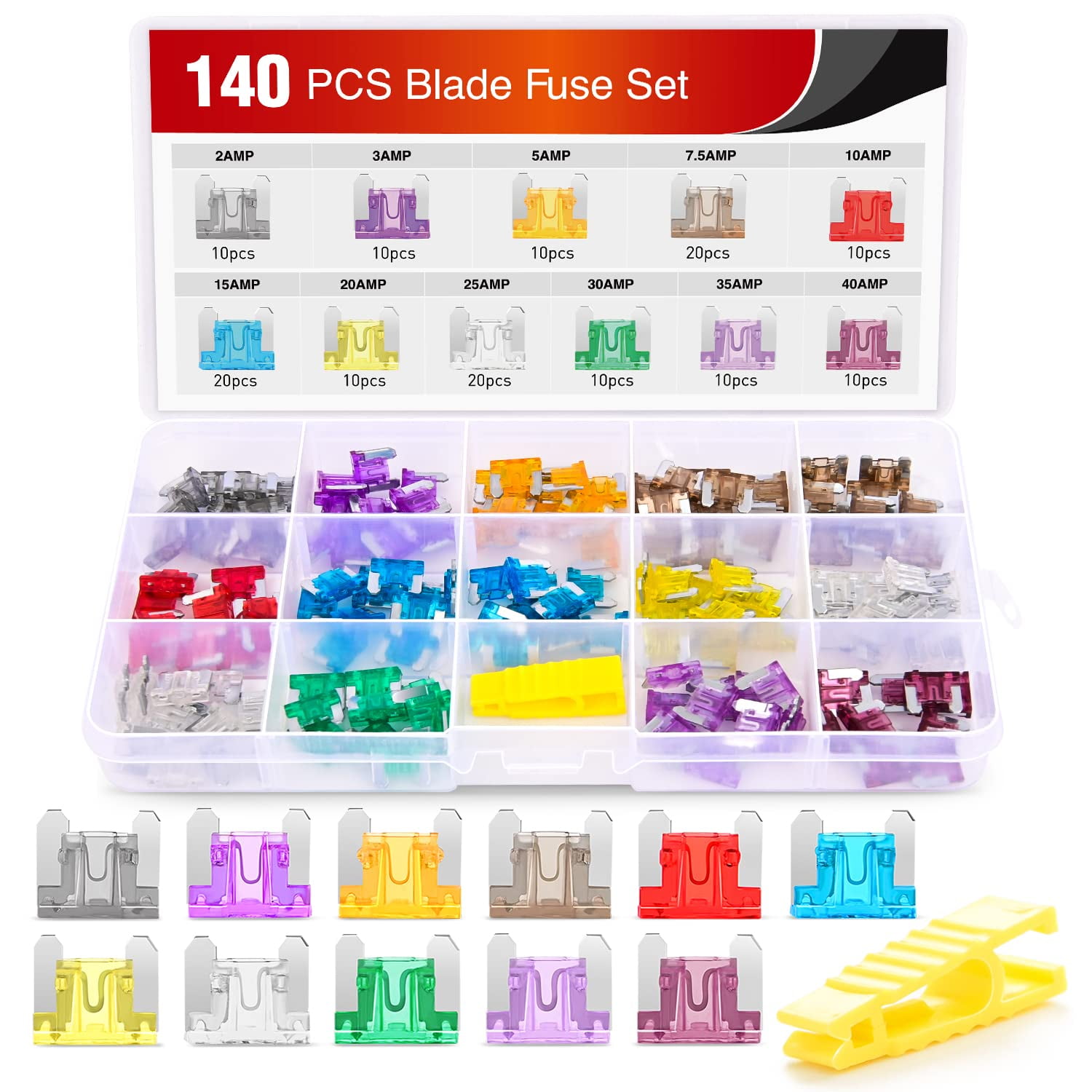 Nilight 140Pcs Low Profile Mini Blade Fuse Assortment, 2A 3A 5A 7.5A 10A 15A 20A 25A 30A 35A 40A Mini Blade Fuses for Car Boat Truck SUV Automotive