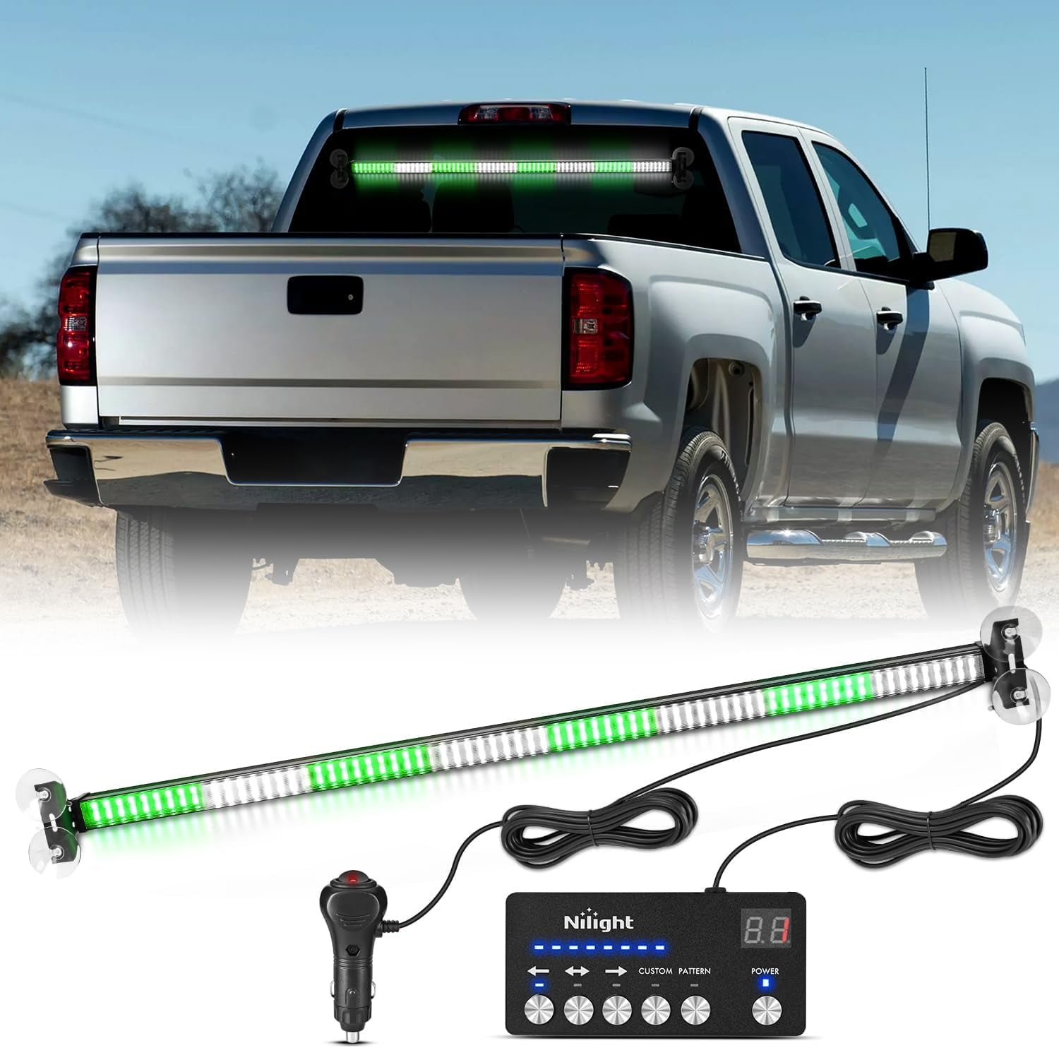 Nilight 144LED Vehicle Safety Light Bar with Controller, Green White Warning Lights for Off-Road & Work Vehicles