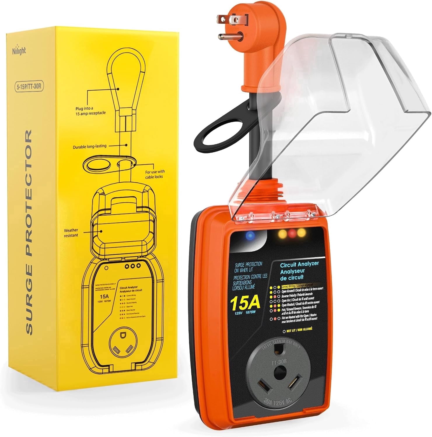 Nilight 15 to 30 Amp RV Surge Protector Power Adapter 2100 Joules Voltage Monitor 5-15P to TT-30R Converter 125V/1875W Waterproof Circuit Analyzer with Extension Cord for Camper Travel Trailer