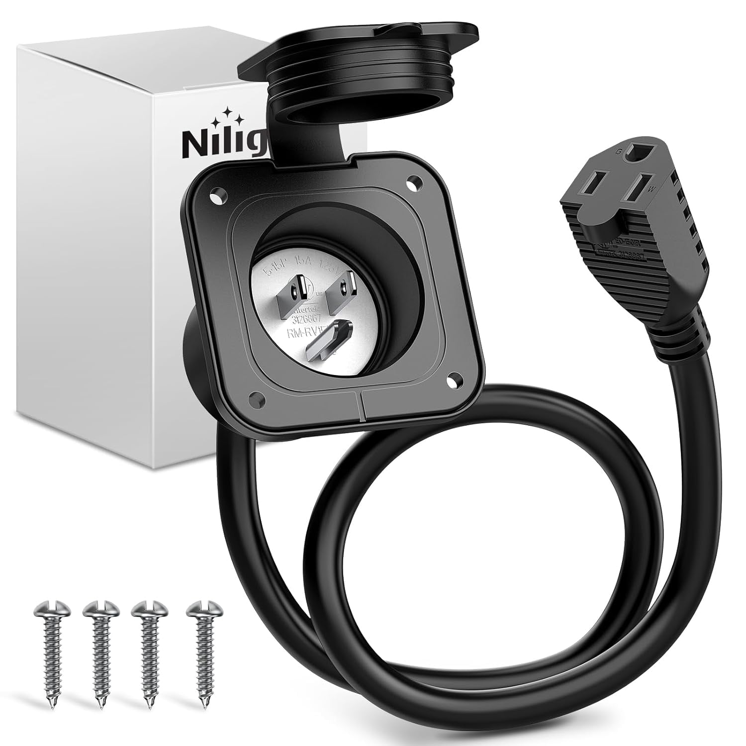 Nilight 15 AMP RV Power Flanged Inlet 125V AC Port Shore Power Receptacle with Extension Cord ETL Listed NEMA 5-15P Plug 5-15R Female Outlet for RV Camper Generator Shed Motorhome