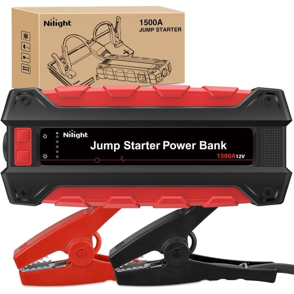 Nilight 1500A Car Battery Jump Starter for Up to 7.0L Gas & 5.5L Diesel Engines 12V Portable Jump Start Booster Pack Jump Box with Jumper Cables DC Output and LED Light
