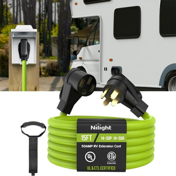 UL Listed Green 50A 15Ft RV/EV Extension Cord, Heavy Duty 6/3+8/1 Gauge STW Wire, NEMA 14-50P/R Suit for Tesla Model 3/S/X/Y EV Charging RV Trailer