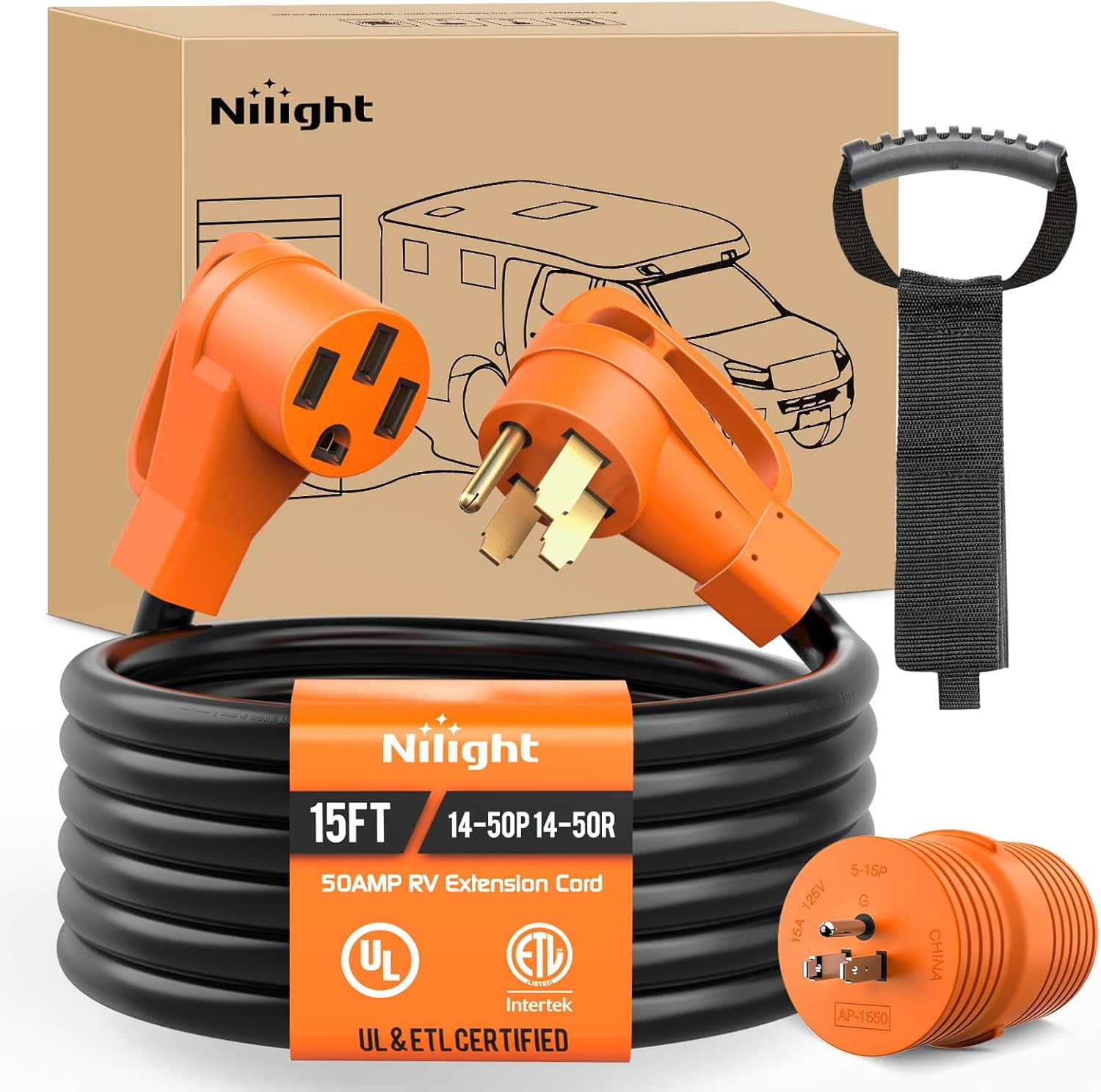 Nilight 15FT 50 Amp RV Extension Cord with Adapter 15Amp to 50Amp 250V ...