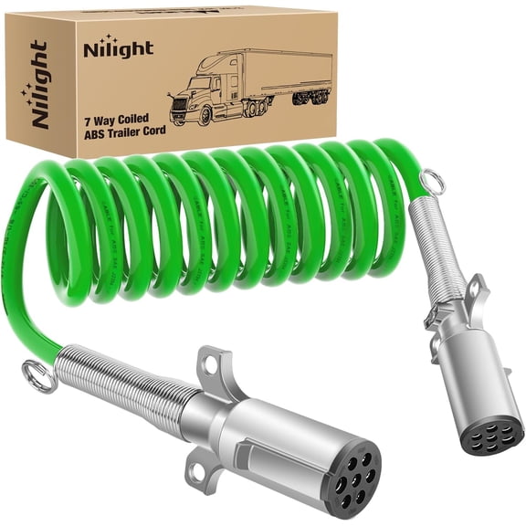 Nilight 15FT 7 Way Coiled ABS Cord Heavey Duty Zinc Die Cast Plug Green Electrical Power Breakaway Cable 7 Pin Flexible Trailer Wire for Semi Truck Tractor transmitting Signals