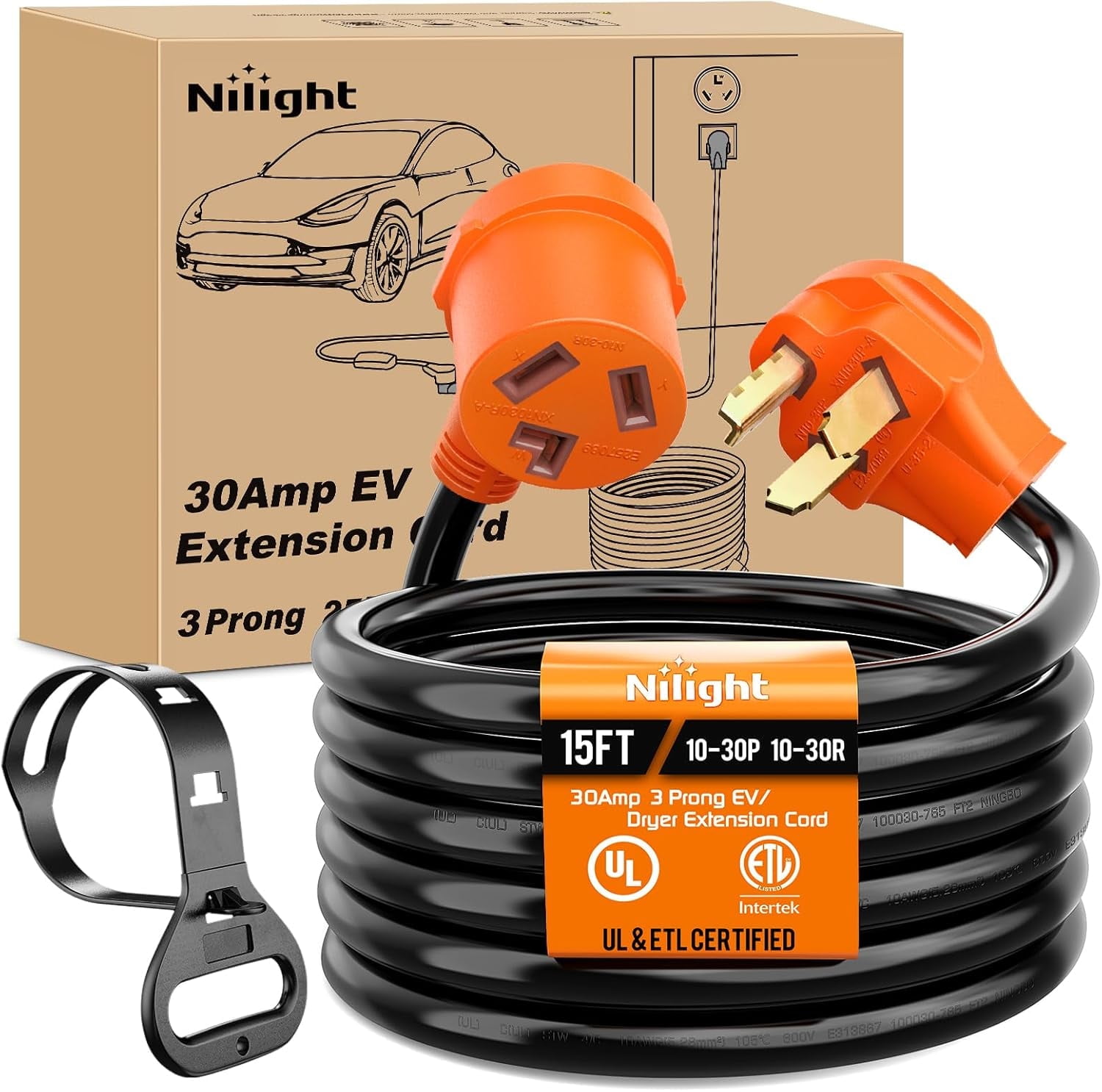 Nilight 15FT EV Dryer Extension Cord 3 Prong 30 Amp NEMA 10-30P 10-30R Old Dryer Extension Cable Heavy Duty 10 Gauge Pure Copper Wire UL Listed 125/250V for Level 2 EV Charging