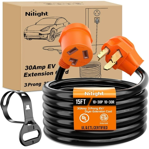 Nilight 15FT EV Dryer Extension Cord 3 Prong 30 Amp NEMA 10-30P 10-30R Old Dryer Extension Cable Heavy Duty 10 Gauge Pure Copper Wire UL Listed 125/250V for Level 2 EV Charging