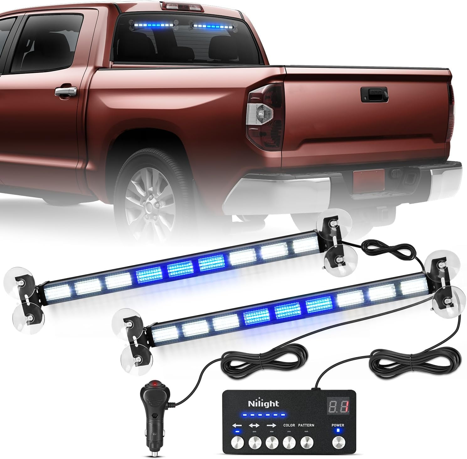 Nilight 162 LED Traffic Advisor Strobe Light Bar 2-in-1 Blue White Emergency Warning Hazard Lights with Controller 4 Switchable Color 36 Flash Pattern for Trucks Cars Tow Plow