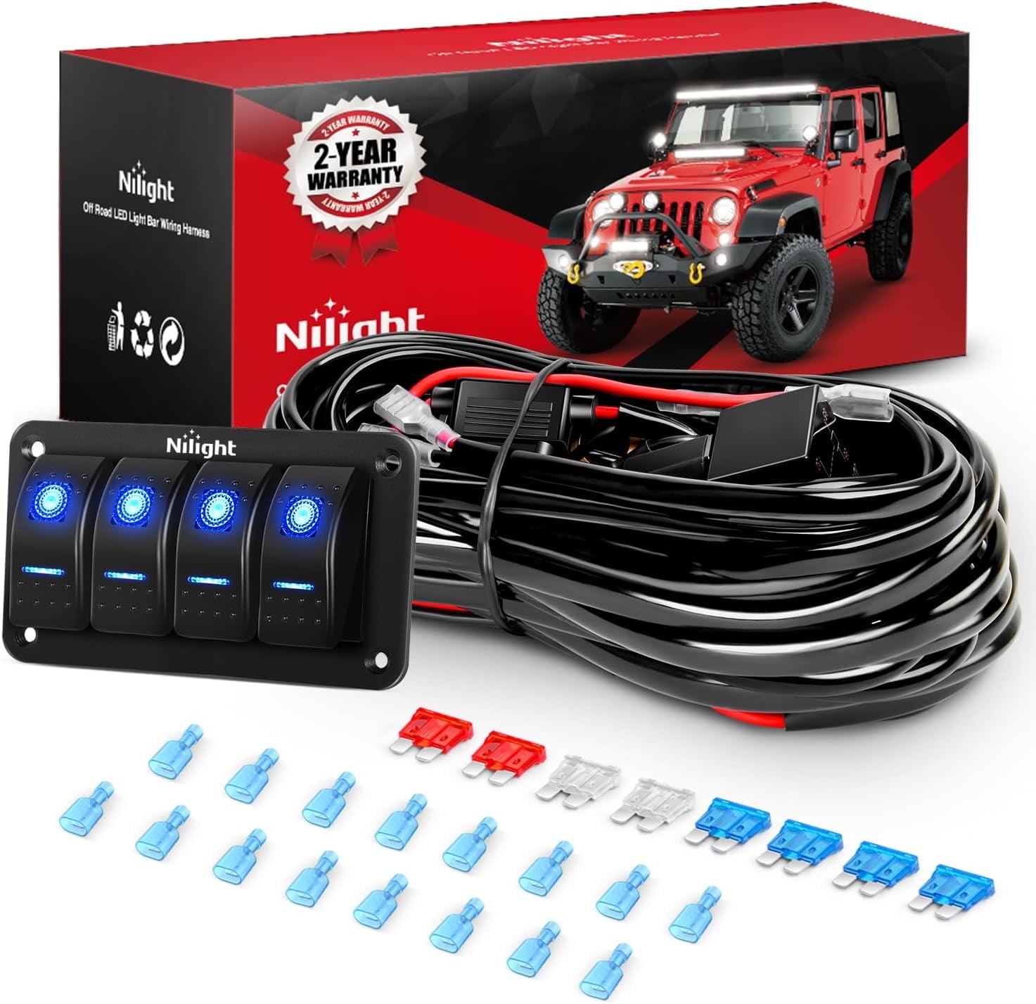 Nilight 4 Gang Rocker Switch Panel Wiring Harness Kit, 12V with 8 Leads Relay Fuse for LED Light Bars, for Cars Boats ATV Trucks