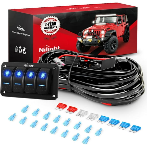 Nilight 4 Gang Rocker Switch Panel Wiring Harness Kit, 12V with 8 Leads Relay Fuse for LED Light Bars, for Cars Boats ATV Trucks