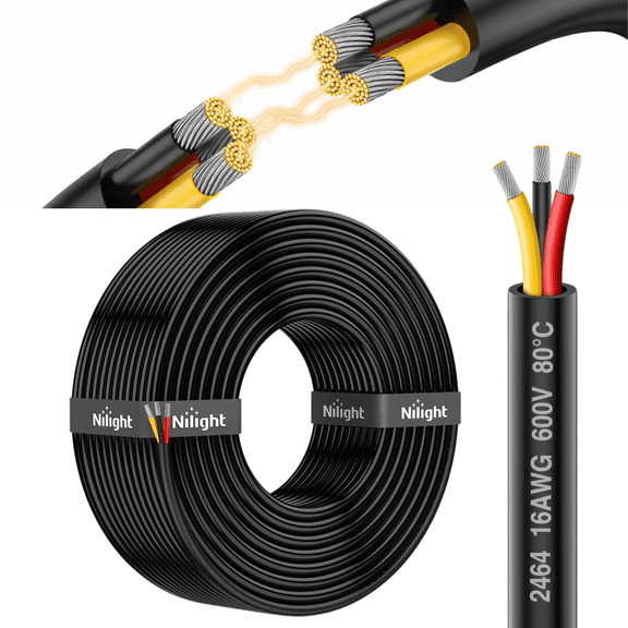 Nilight 16AWG 3 Conductor Electrical Wire 100FT, Tinned Oxygen Free Copper Red Black Yellow Parallel Cable Rated 600V for LED Lighting and Low Voltage Wiring