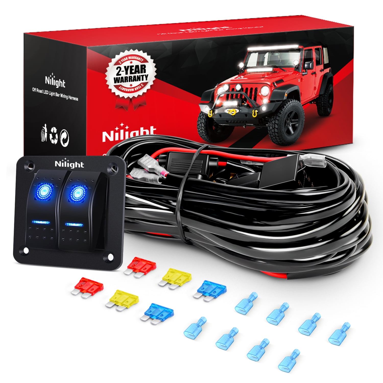 Nilight 16AWG LED Light Bar Wiring Harness Kit 12V On/Off 2 Gang Rocker ...
