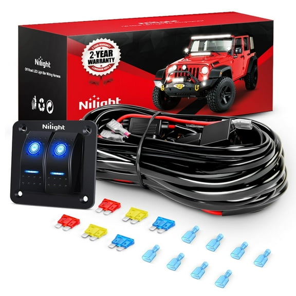 Nilight 16AWG LED Light Bar Wiring Harness Kit 12V On/Off 2 Gang Rocker Switch Panel Power Relay Blade Fuse 5Pin Toggle Switch for Cars Boat ATV Trucks-4 Leads