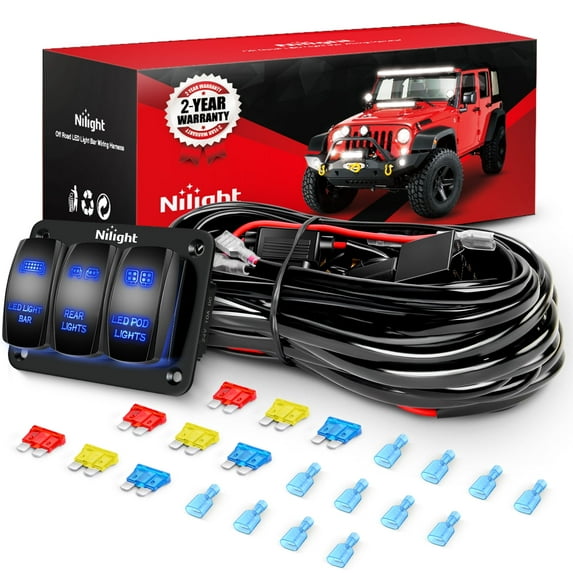 Nilight 16AWG LED Light Bar Wiring Harness Kit 12V On/Off 3 Gang Laser Etched LED Pod Lights Rocker Switch Panel Power Relay Fuse 5Pin Toggle Switch for Cars Boat ATV Trucks-6 Leads