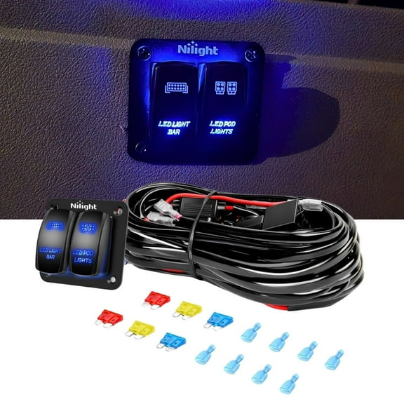 Nilight 16AWG Led Light Bar Wiring Harness Kit 12V On/Off 2 Gang Rocker Switch Panel Power Relay Blade Fuse 5Pin Toggle Switch for Cars Boat ATV Trucks-4 Leads