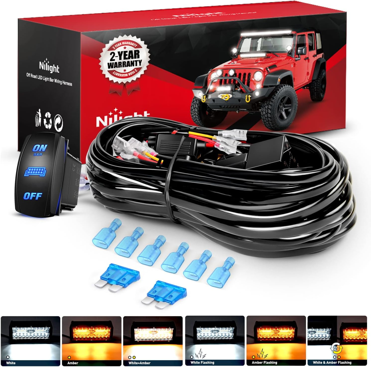 Nilight 16AWG Strobe Light Wiring Harness Kit 2 Leads Customized for 6 Modes Amber White Strobe Lights LED Work 12V 40A On Off 8 Pin Switch Modes Changing Memory Reset Function