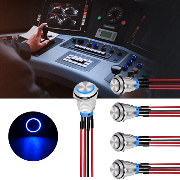 12V Marine Horn Button 16MM Momentary Push Button Switch - Stainless Steel Blue LED Lighted Speaker Switch 180MM Wiring Harness for Car Auto Marine Boat