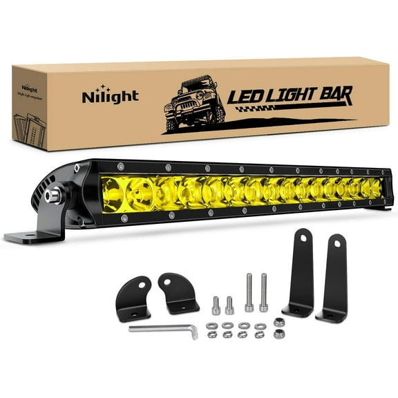 Nilight 17 Inch Amber Single Row Led Light Bar Super Slim 80W LED Work Light Spot Flood Combo Off Road LED Lights Bumper Lights for Trucks Ford 2 Style Mounting Brackets, 2 Years Warranty
