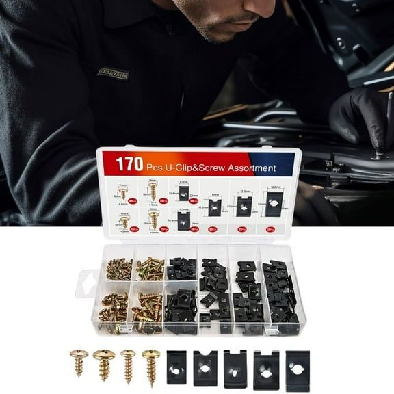 Nilight 170Pcs Car U-Clip and Screw Assortment Kit 9 Different Sizes Automotive U Nut and Screw Clip Replacement Parts for Dash Door Panel Interior