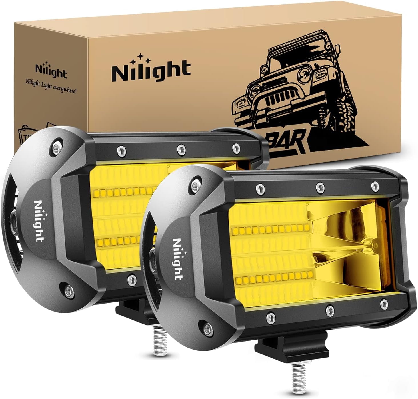 Nilight Amber 2PCS 5" 72W Double Row Flood Bar 10800Lumens Driving Fog Led Off Road Lights for Trucks Jeep ATV UTV SUV Boat Marine,Yellow,White