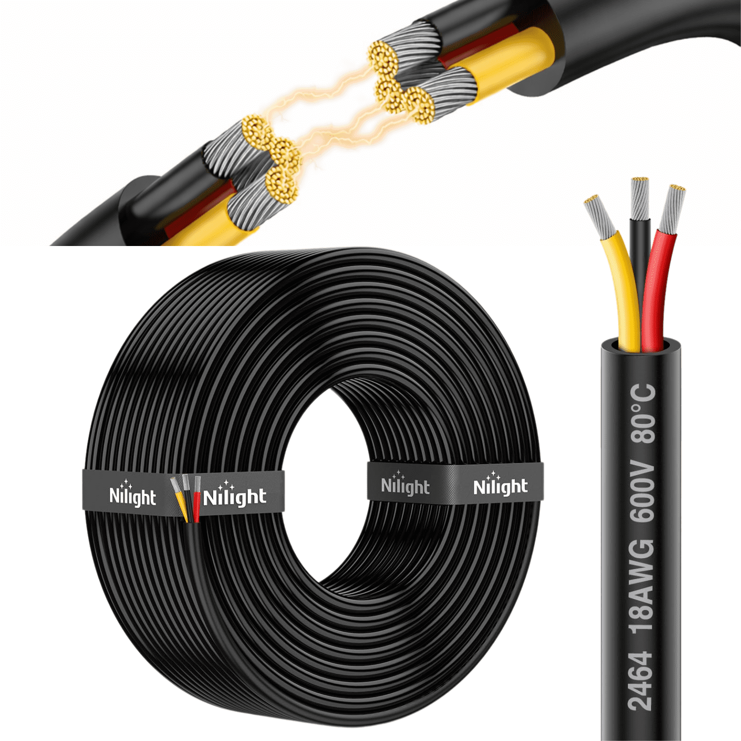 Nilight 18AWG 3 Conductor Electrical Wire 100FT, Tinned Oxygen Free ...