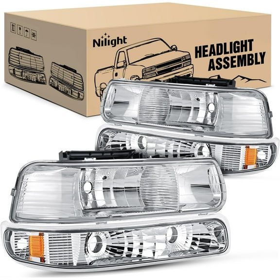 Nilight Headlight Assembly for 1999 2000 2001 2002 Chevy Silverado 1500 1500HD 2500 2500HD 3500 Chevrolet Tahoe Suburban Replacement Headlamp Housing Bumper Lights Set