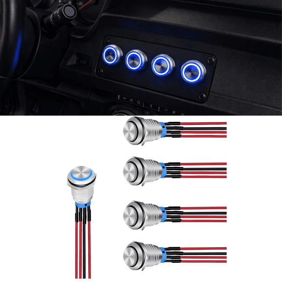 Nilight 19mm Push Button Switch 5PCS with Pre Wired Harness 12V 24V Stainless Steel Self Locking Latching LED Round Switches SPDT 4Pin Waterproof Metal Switch for Boats Cars Truck, 2 Years Warranty