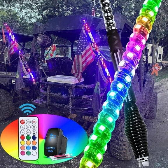 1Pcs 4Ft Whip Lights with Spring Base with App Remote Control, Spiral RGB Chasing Lighted Whips with Rocker Switch, Music Whip Light for UTV ATV