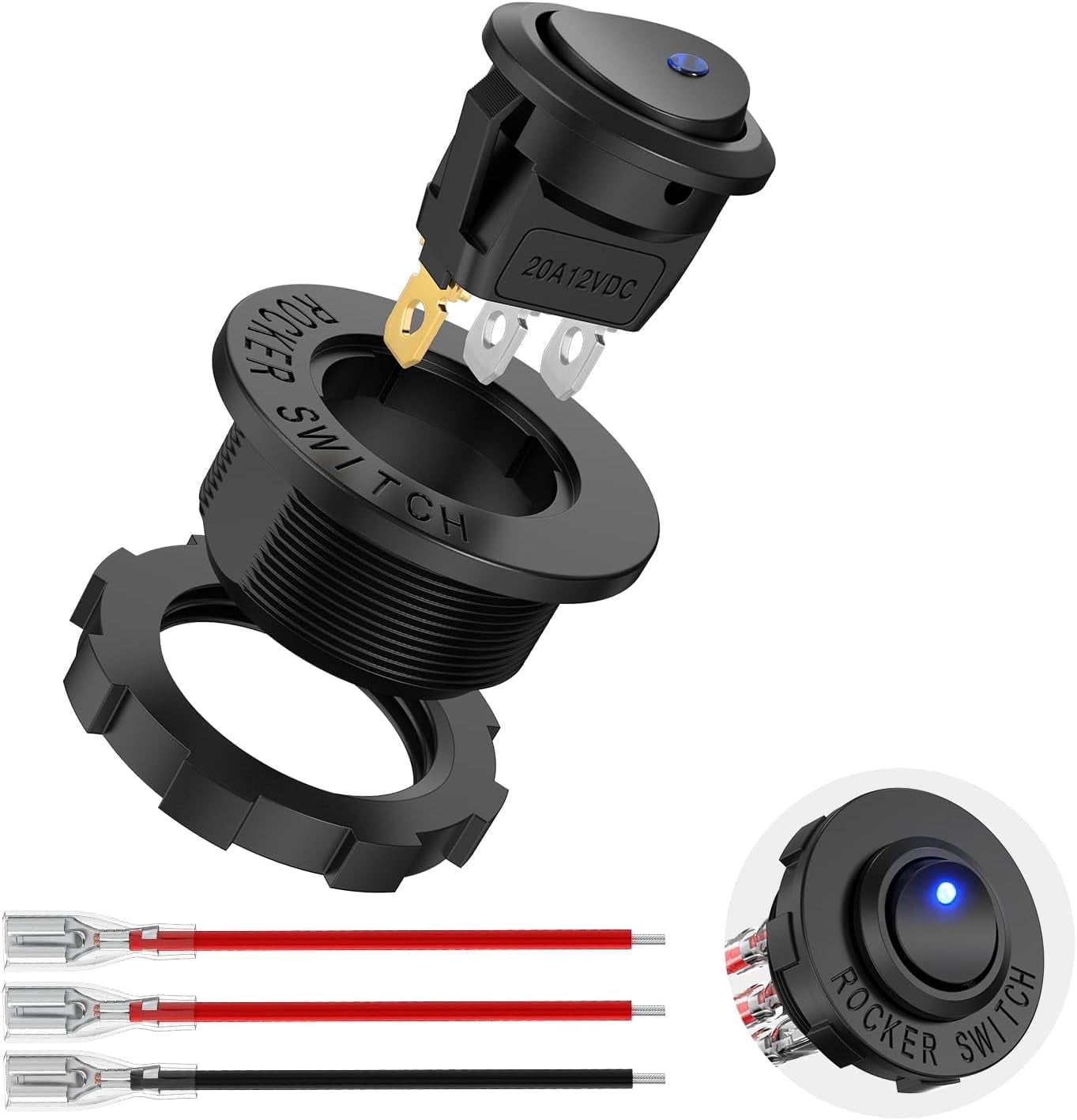 Nilight 1PC Round Rocker Switch with Shell 12V 24V 20A Blue LED Toggle ...