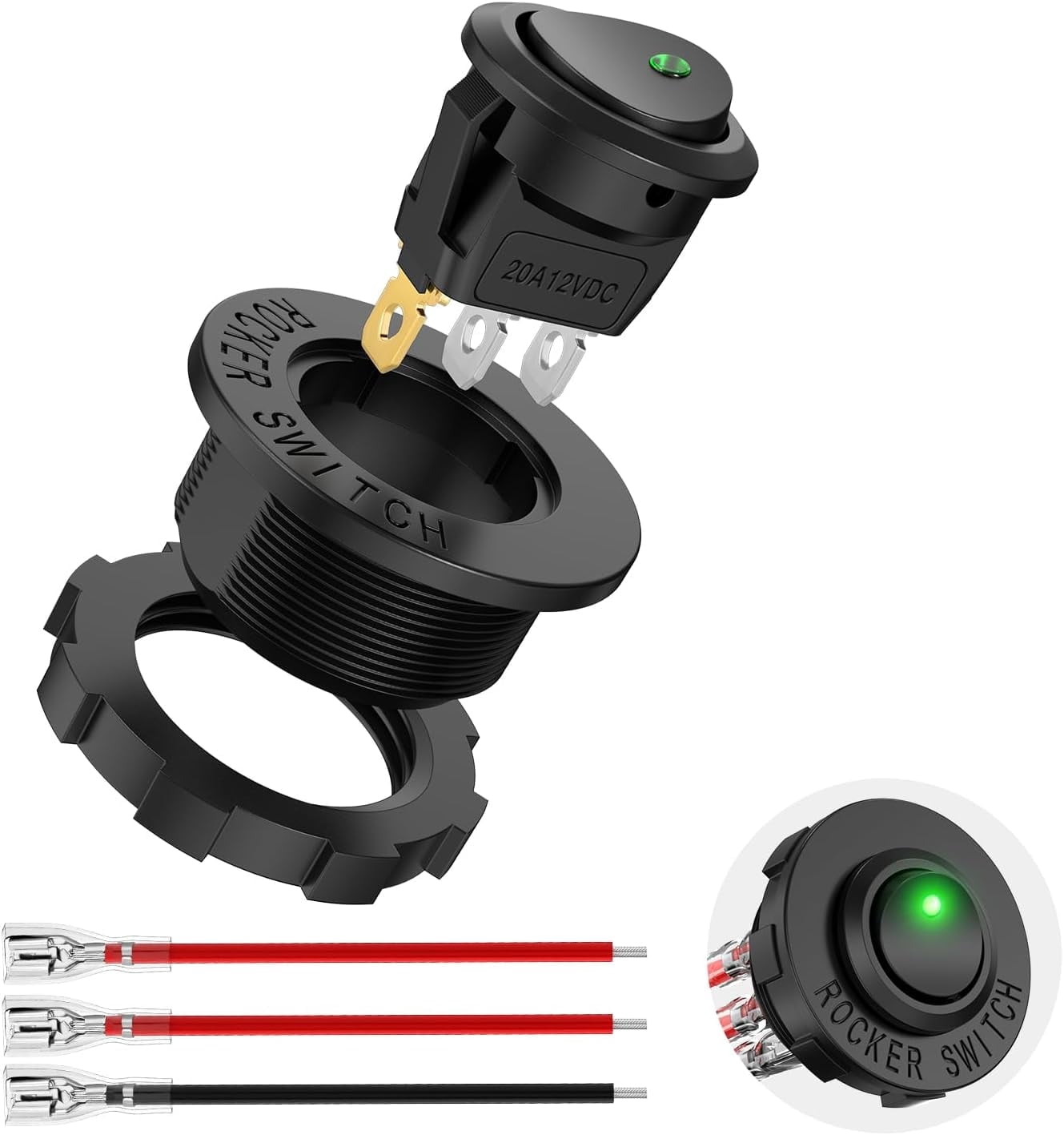 Round Rocker Switch Shell Nilight 1PC Round Rocker Switch with Shell 12V 24V 20A Green LED Toggle ...