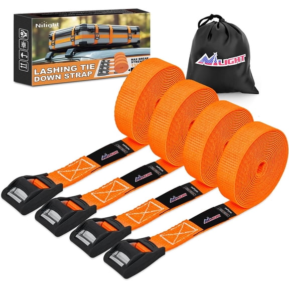 Nilight 1in x 12ft Heavy Duty Lashing Straps 4PCS Adjustable Cam Buckle Tie-Down Straps 1320LBS for Motorcycle Boat RV Cargo Trucks Trailer Luggage Orange&Black