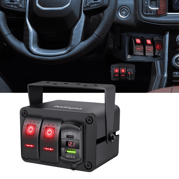 Nilight 2 Gang Rocker Switch Box 12V SPST ON Off Surface Mount Panel with PD Type C QC3.0 USB Charger Voltmeter Waterproof Aluminum Bracket for Boat Car RV Truck