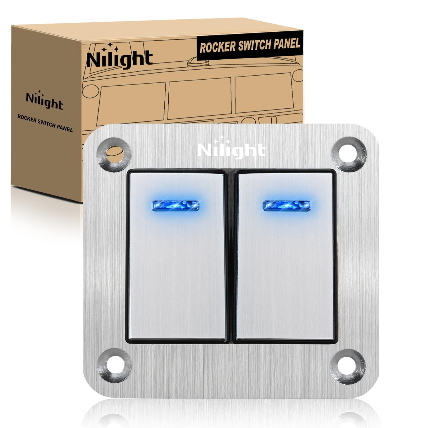 Nilight 2 Gang Rocker Switch Panel 3 Pin On Off Pre-Wired Rocker Switch Blue Led Waterproof Aluminum Panel with DIY Stickers for 12V 24V Automotive Cars Marine Boats UTV Truck Jeeps