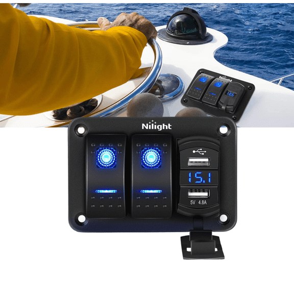 Nilight - 2 Gang Rocker Switch Panel with 4.8 Amp Dual USB Charger Voltmeter Waterproof 12V-24V DC Rocker Switch with Night Glow Stickers for CarsTrucks Boats RVs,Blue