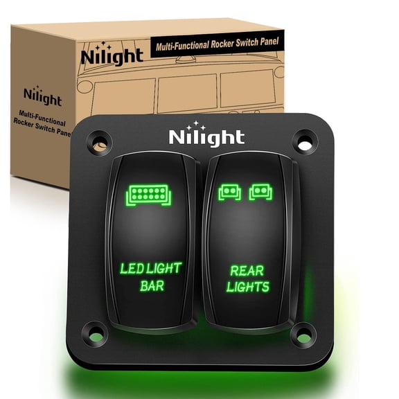 Nilight 2 Gang Rocker Switch Panel Led Light Bar Switch Rear Lights Switch 12 24V DC Green Switches 5Pin on off Pre-Wired Toggle Switch Panel for Cars ATVs UTVs