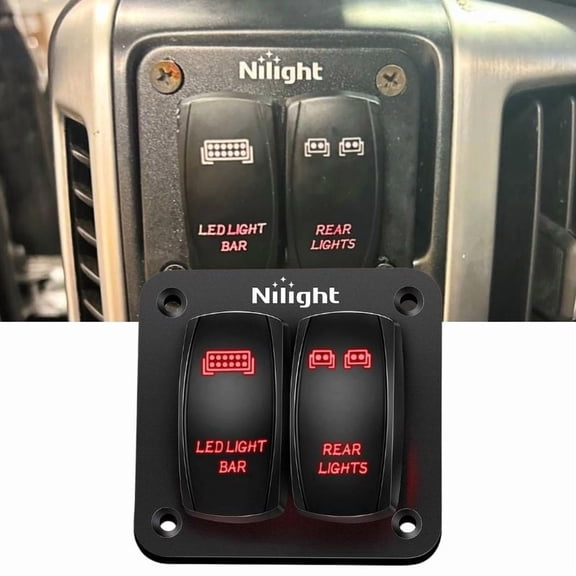 Nilight 2 Gang Rocker Switch Panel Led Light Bar Switch Rear Lights Switch 12 24V DC Red Switches 5Pin on off Pre Wired Toggle Switch Panel for Cars ATVs UTVs