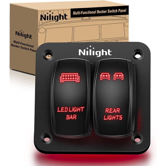 Nilight 2 Gang Rocker Switch Panel LED Light Bar Switch Rear Lights Switch 12 24V DC Red Switches 5Pin ON Off Pre Wired Toggle Switch Panel for Cars ATVs UTVs,2 Years Warranty