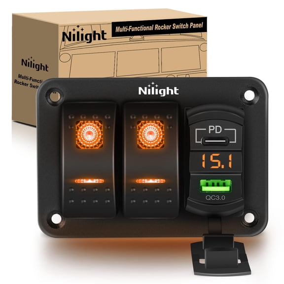 Nilight 2 Gang Rocker Switch Panel with PD Type C and USB Charger Voltmeter 12V SPST ON Off Togglr Switches Panel w/Orange Backlit Waterproof Aluminum for Boats Cars RVs Trucks