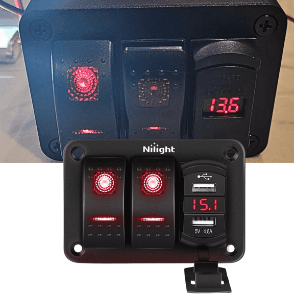 Nilight 2 Gang Illuminated Switch Panel with 4.8A Dual USB Charger Speedo Waterproof 12V 24V DC Switches with Night Lamp Labels for Car Truck Boat RV Motorhome Caravan Camping