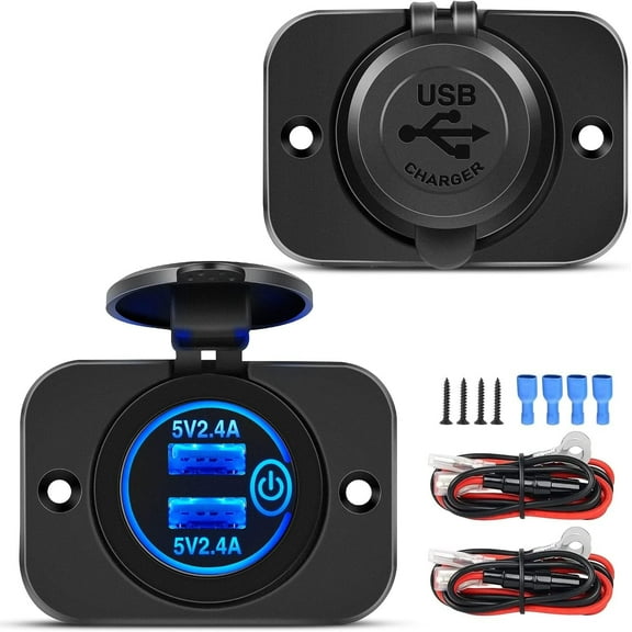 Nilight 2 Pack Quick Charge Socket LED 12V 24V Dual USB Charger 5V 4.8A Car Outlet Panel with ON Off Touch Switch Fused Wire Kit for Cars Trucks Motorcycle RVs Campers, 2 Years Warranty
