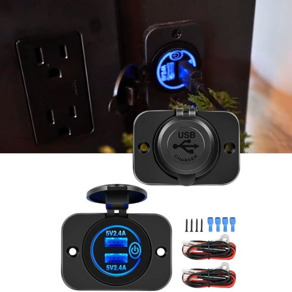 Quick Charge Dual USB Charger Socket Blue LED Waterproof 12V 24V USB Outlet Fast Charge with Touch Switch & Fused Wire Kit for Car Boat Marine ATV Bus Truck Golf Cart and More