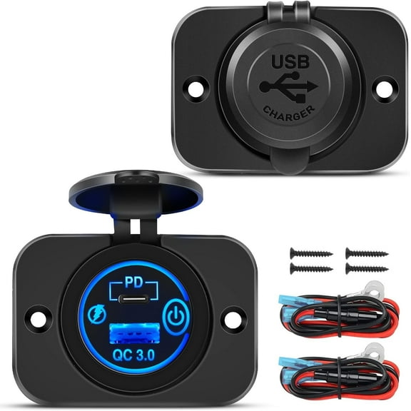 Nilight 2 Pack PD Type C and QC 3.0 USB Fast Outlet Panel with LED ON Off Touch Switch Fused Wire Kit for 12V 24V Cars Trucks RVs Motorcycles Buses Boats
