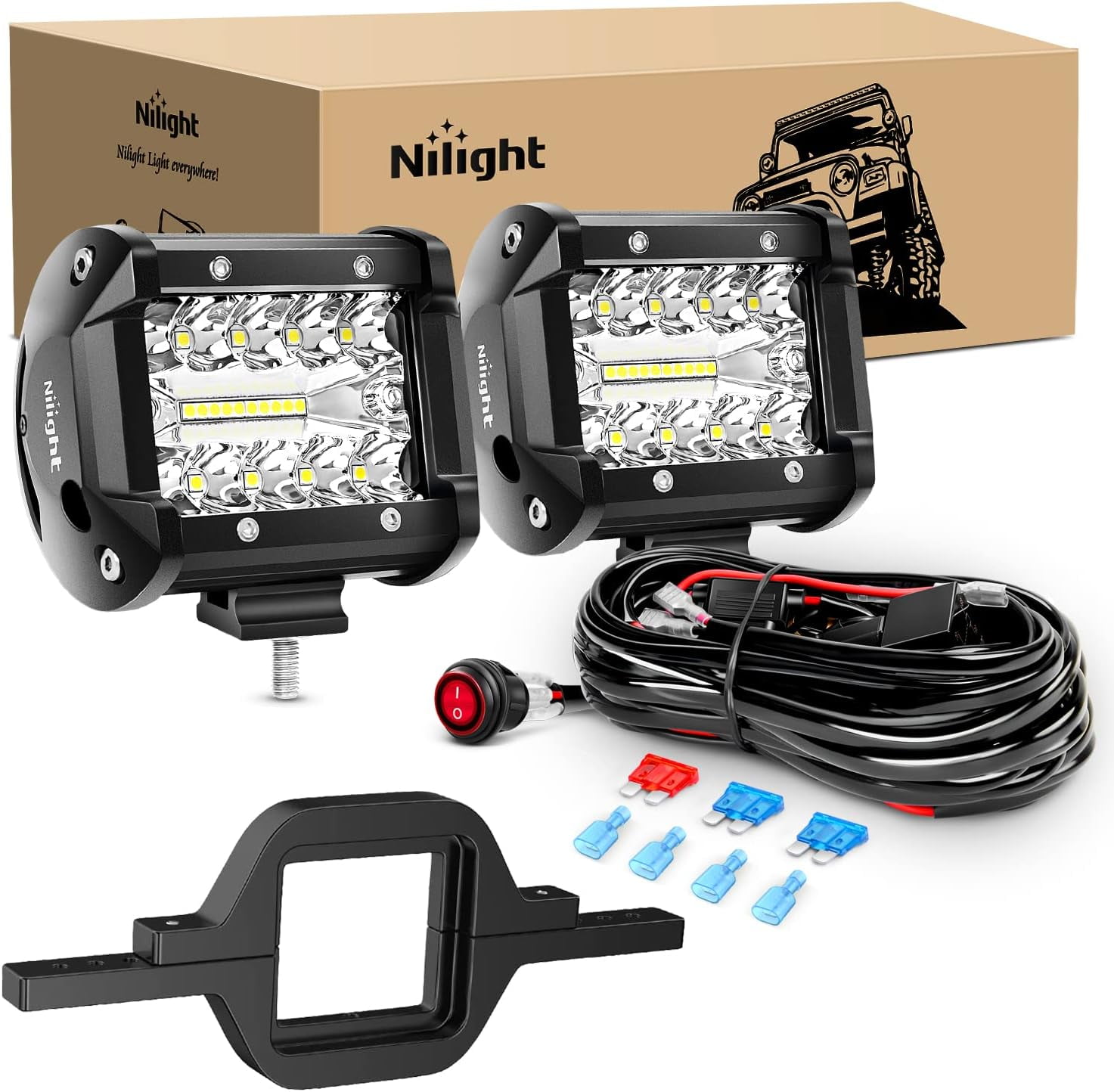 Nilight 2 Pcs 4 Inch 60W Led Pods with 2 Inch Tow Hitch Mounting Brackets Backup Reverse Lights Rear Light Bar for Pickup ATV SUV Truck Trailer Boat