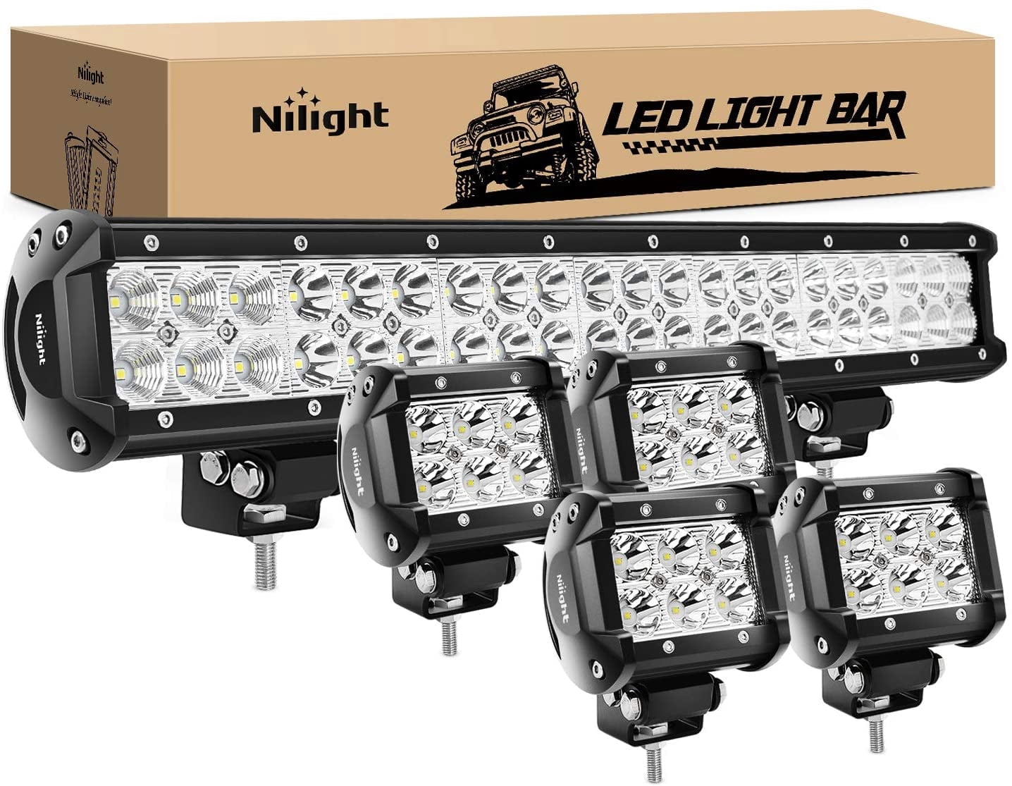 Nilight 20" 126W Spot Flood Combo Led Light Bar 4PCS 4" 18W Spot LED Pods Fog Lights for Jeep Wrangler Boat Truck Tractor Trailer Off-Road